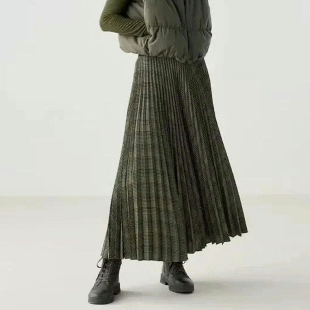 UNIQLO Plaid Checked Pleated Maxi Skirt Elastic Waist Green Preppy Classic L